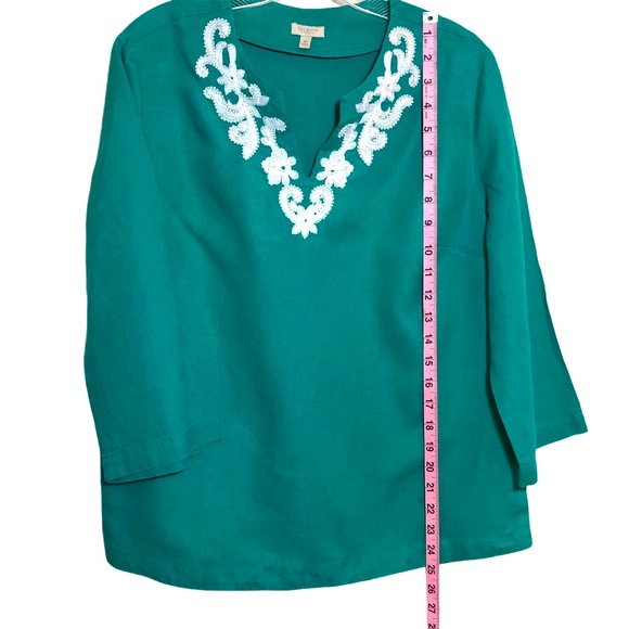 Talbots 100% linen beaded top teal green Sz MP - Picture 3 of 6